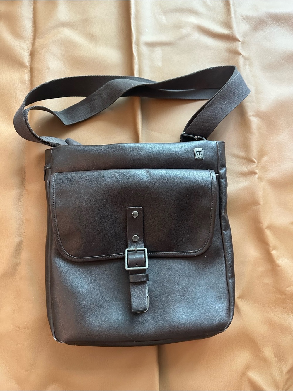 Tumi Brown Leather Messenger Bag with Buckle Front